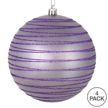 Vickerman 4" Lavender Candy Finish Ball Ornament with Glitter Lines 4 per Bag