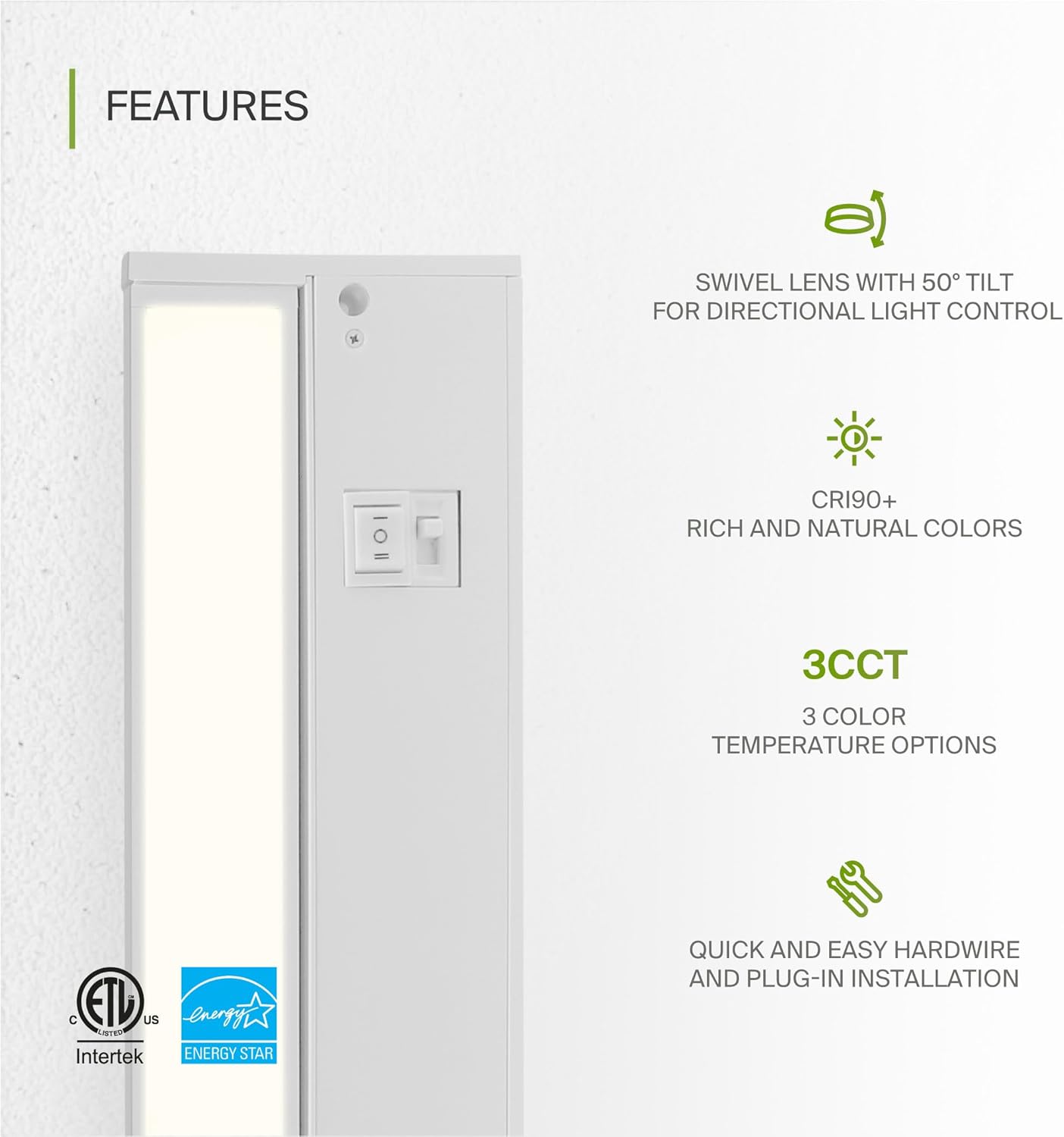 ASD Lighting LED Under Cabinet Swivel 9" 3W 120V Dimmable CCT Selectable 2700/3000/4000K Hardwired or Plug-in, Linkable, Hi/Low Switch, White ETL Energy Star