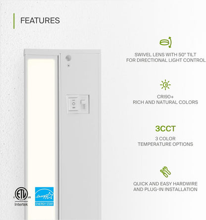 ASD Lighting LED Under Cabinet Swivel 9" 3W 120V Dimmable CCT Selectable 2700/3000/4000K Hardwired or Plug-in, Linkable, Hi/Low Switch, White ETL Energy Star