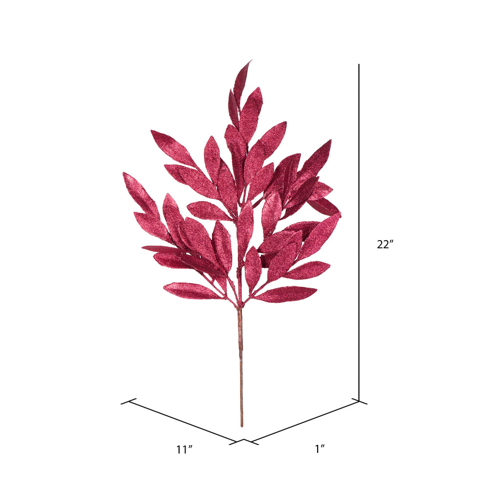 Vickerman 22" Burgundy Glitter Bay Leaf Artificial Christmas Spray. Includes 6 sprays per pack.