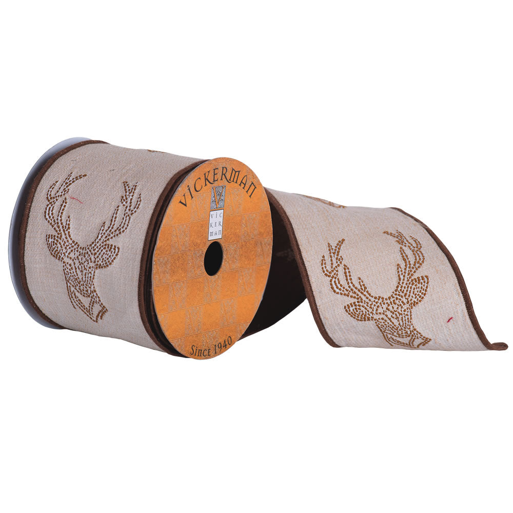 Vickerman Natural Tan Ribbon With Emberoidered Brown Reindeer And Brown Edge