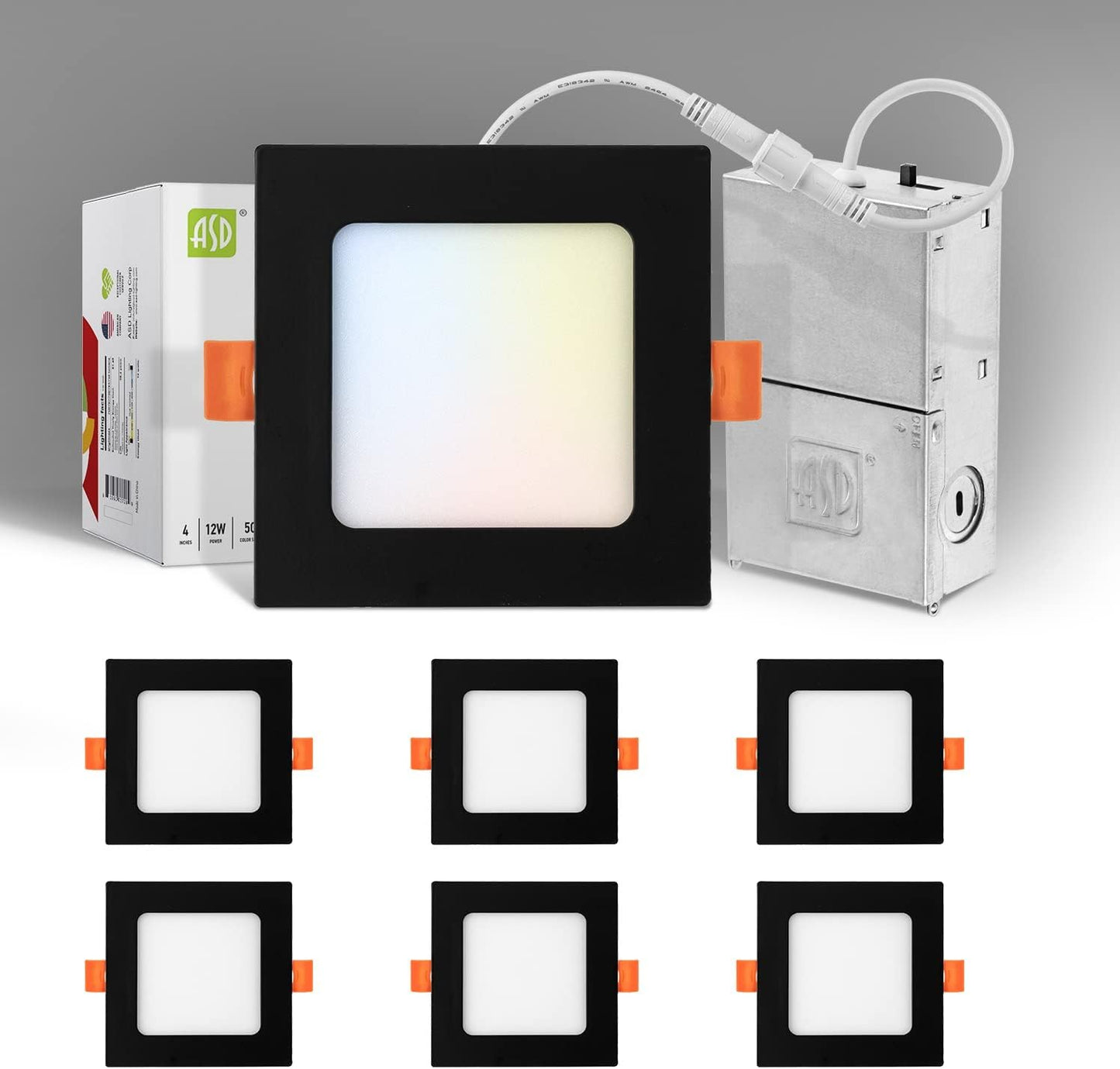 ASD Lighting LED Recessed Mini Panel Square 4inch 12W 120V Triac 2700/3000/3500/4000/5000K Black UL Energy Star 6 pack