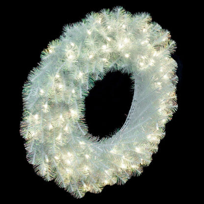 Vickerman 30" White Iridescent Artificial Pre-Lit Wreath with 70 Pure White LED 5MM Lights. It measures 30 inches wide. The diameter is measured from the end of one tip across to the other with the wreath tips extended outward. This wreath boasts 180 PVC