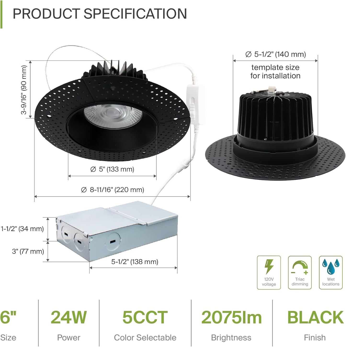 ASD Lighting LED Trimless Downlight Round 6inch 24W 120V Triac 2700/3000/3500/4000/5000K Black ETL Energy Star