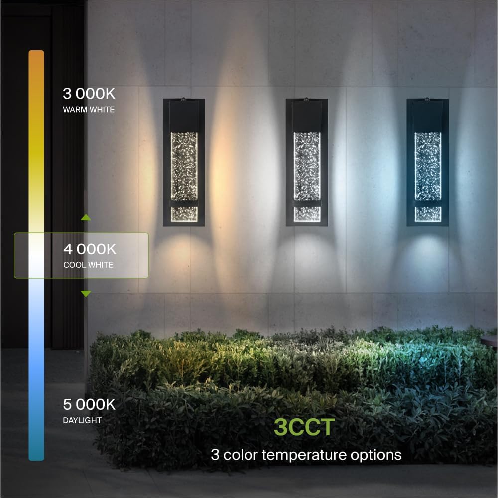 ASD Lighting LED Outdoor Wall Sconce 13 11.5W 120V CCT Selectable 3000/4000/5000K with Photocell Clear Seeded Glass, Black ETL 2pack