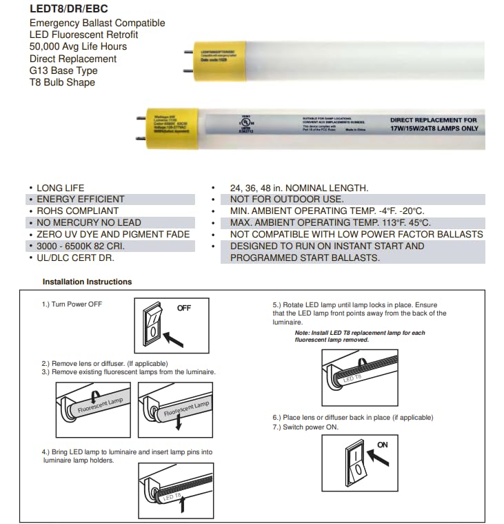 Damar- 4Ft T8 LED Fluorescent Retrofit Tube Light Bulb Direct Replacement Emergency Ballast Compatible 12W 1800 Lumen 5000K Bright White G13 Base 220? Beam Angle 120-277V Pack of 10- for Garage