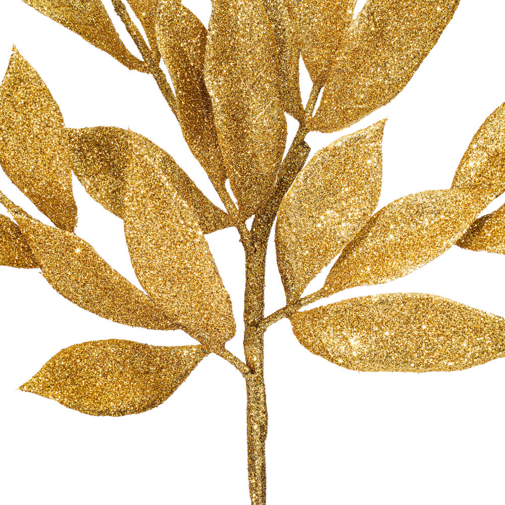 Vickerman 22" Gold Glitter BayLeaf Artificial Christmas Spray. Includes 12 sprays per pack.