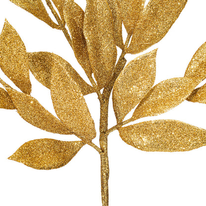 Vickerman 22" Gold Glitter BayLeaf Artificial Christmas Spray. Includes 12 sprays per pack.