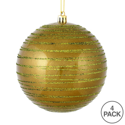 Vickerman 4.75" Olive Candy Finish Ball Ornament with Glitter Lines 4 per Bag