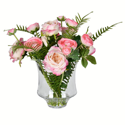 Vickerman 16" Artificial Dark Pink Rose In Glass Pot.