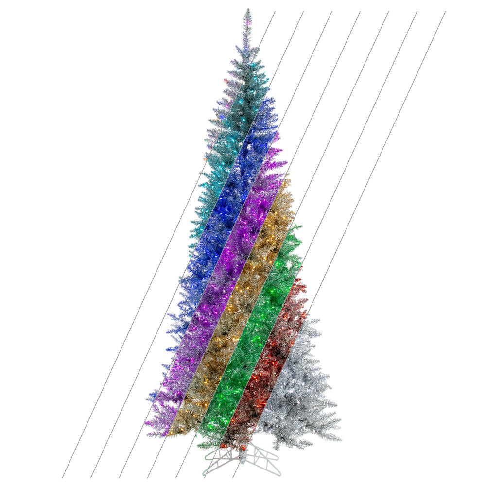 Vickerman 7.5' x 41" Silver Slim Artificial Pre-Lit Christmas Tree with 504 Wide Angle 5mm 32 Function Remote Controlled RGB LED Mini Lights. It measures 90 inches tall, and 41 inches wide, which is considered a Slim profile. This tree boasts 1238 tips fo