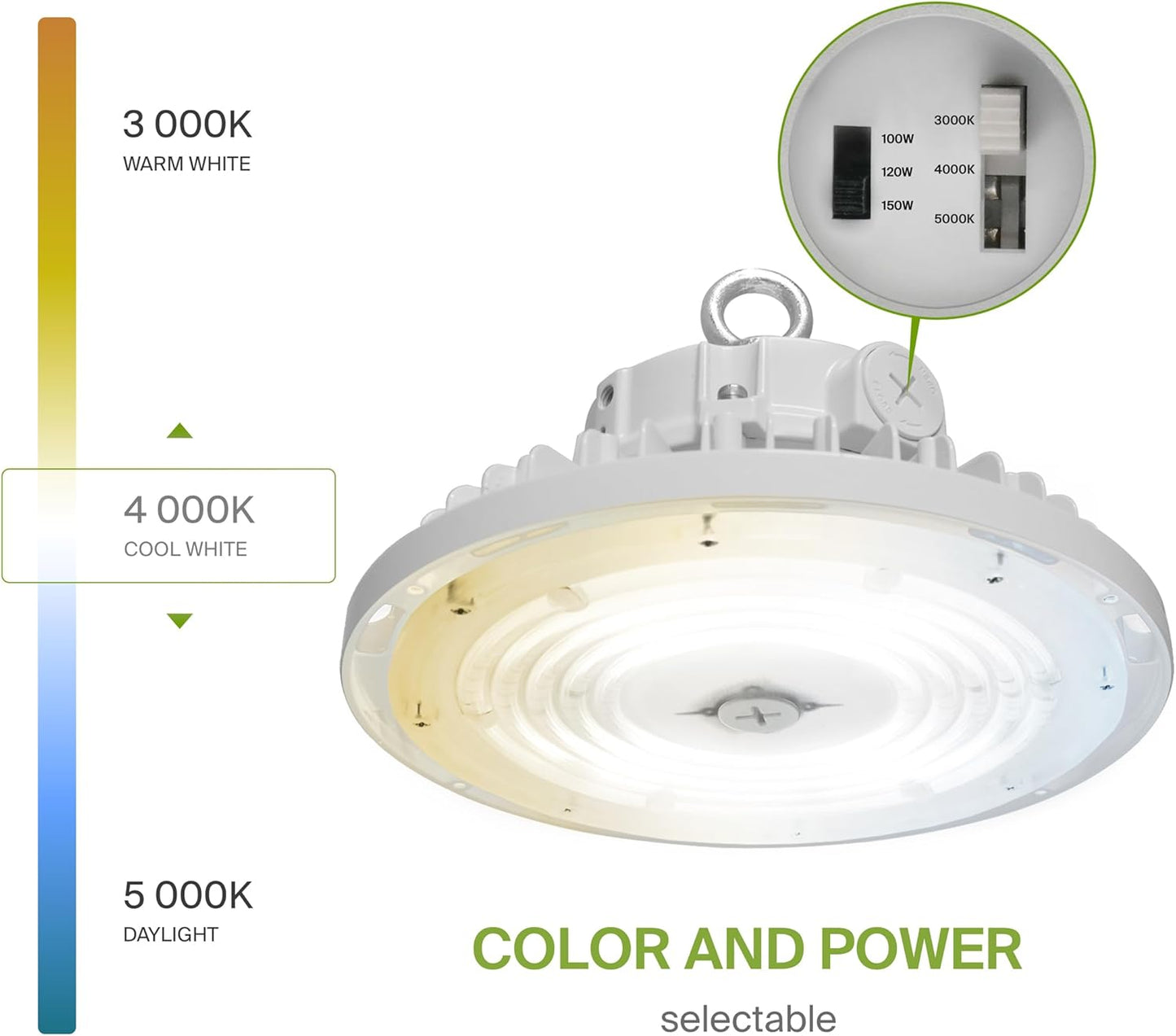 ASD Lighting LED UFO High Bay with Q-base Power Adjustable 100/120/150W 120-277V CCT Selectable 3000/4000/5000K Dimmable White UL DLC Premium