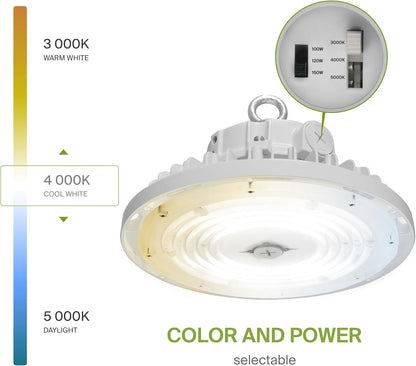 ASD Lighting LED UFO High Bay with Q-base Power Adjustable 100/120/150W 120-277V CCT Selectable 3000/4000/5000K Dimmable White UL DLC Premium