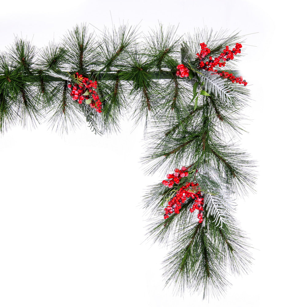 Vickerman 6' x 16" Frosted Artificial Christmas Garland with 55 PE Tips with Red Berries Green and Frosted Foliage
