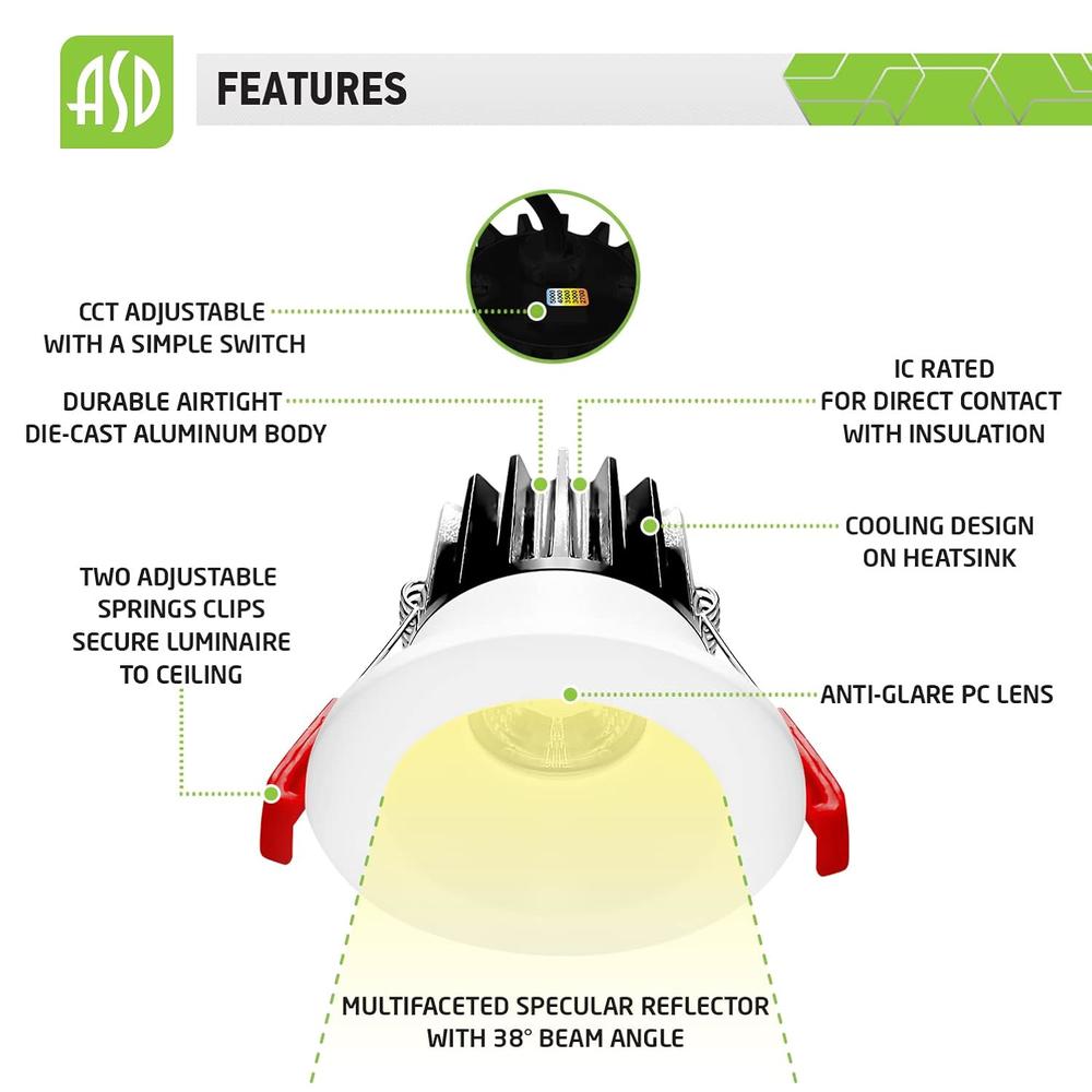 ASD Lighting LED Downlight Round 2inch 8W 120V Triac 2700/3000/3500/4000/5000K White ETL Energy Star