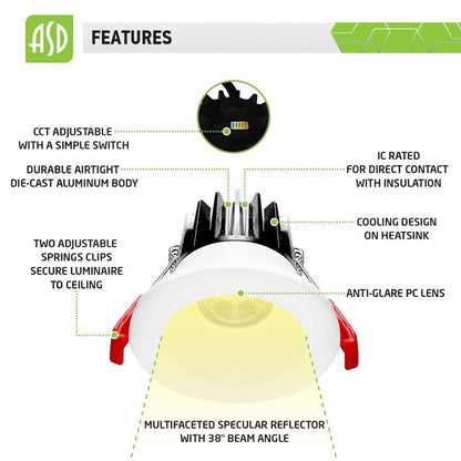 ASD Lighting LED Downlight Round 2inch 8W 120V Triac 2700/3000/3500/4000/5000K White ETL Energy Star