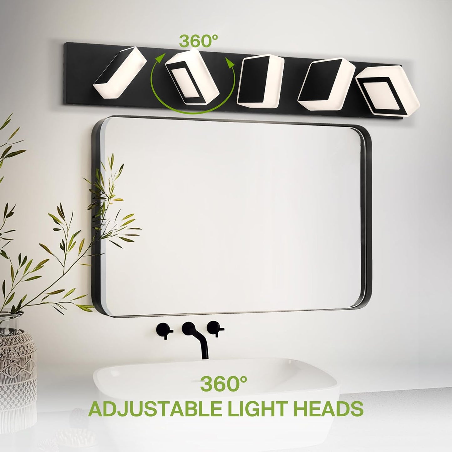 ASD Lighting LED Vanity 5-light 28W 120V with rotatable heads CCT Selectable 2700/3000/4000/5000/6000K Dimmable Black ETL