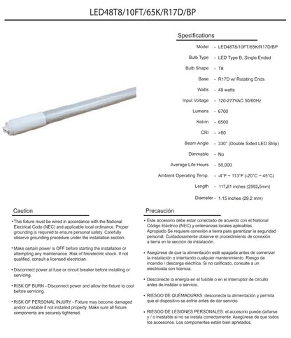Damar- 10Ft T8 LED Tube Light Bulb Type B Ballast Bypass Single End 48W 6700 Lumens 6500K Daylight R17D Base with Rotating Ends 120-277VAC Pack of 10- Fluorescent Replacement for Garage Workshop
