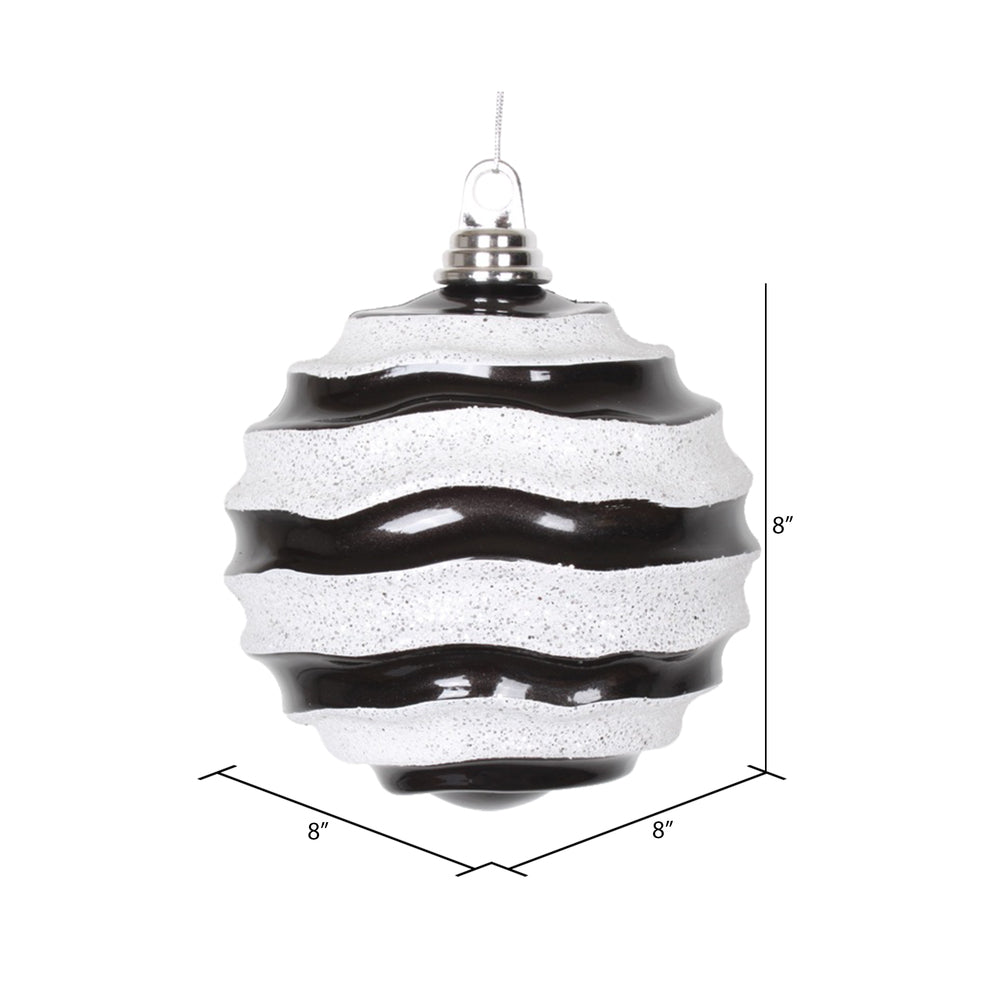 Vickerman 8' Black and White Stripe Candy Finish Wave Ball Christmas Ornament with Glitter Accents