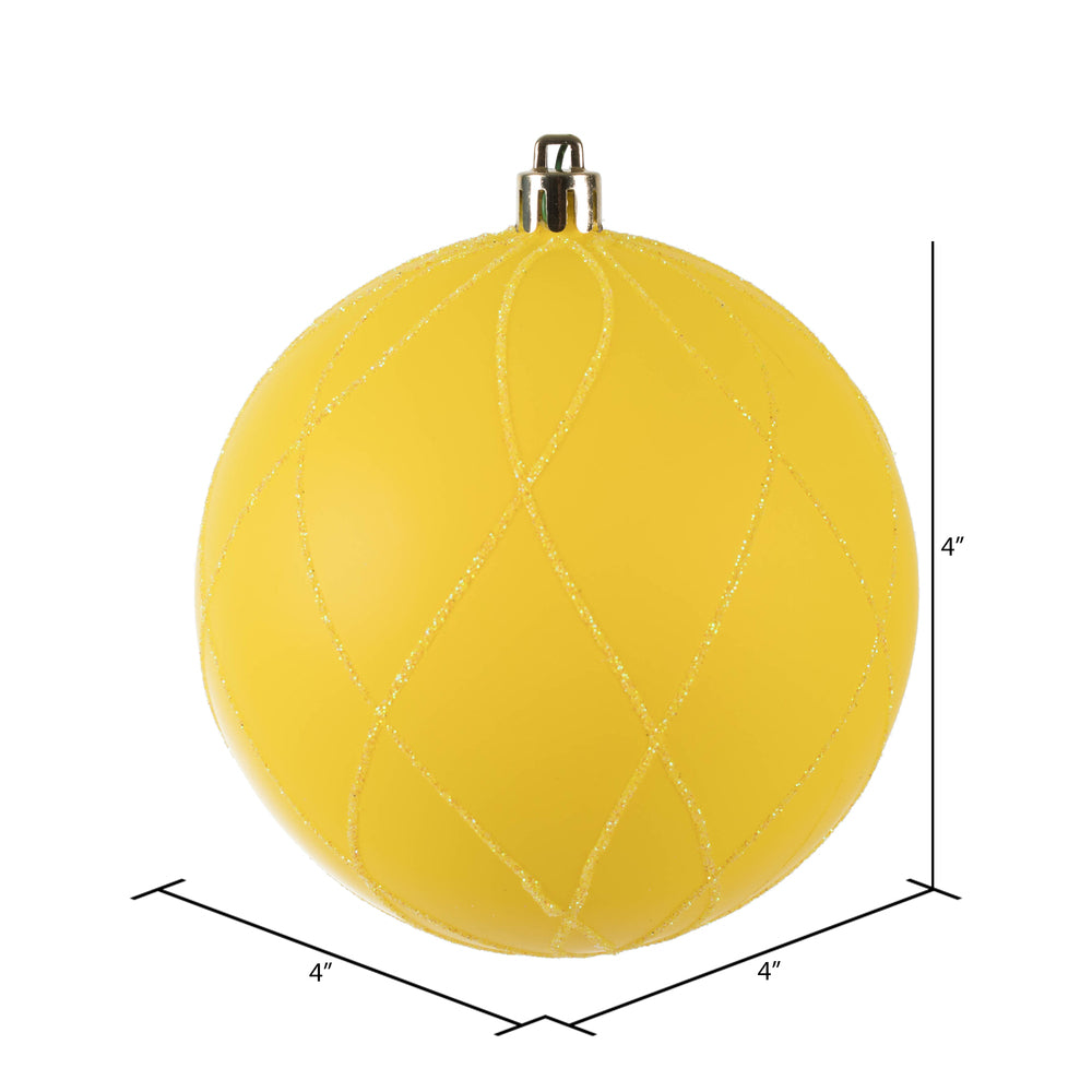 Vickerman 4" Yellow Matte and Glitter Swirl Ball Ornament 4 per Box