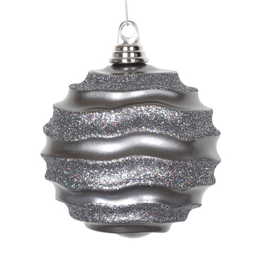 Vickerman 6" Pewter Stripe Wave Ball Featuring a Candy Finish with matching Glitter Accents