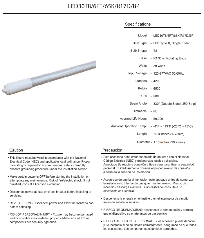Damar- 6Ft T8 LED Tube Light Bulb Type B Ballast Bypass Single End 30W 4200 Lumens 6500K Daylight R17D Base with Rotating Ends 120-277VAC Pack of 10- Fluorescent Replacement for Garage Workshop