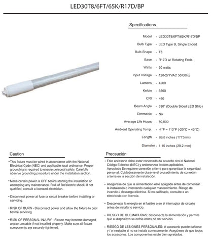 Damar- 6Ft T8 LED Tube Light Bulb Type B Ballast Bypass Single End 30W 4200 Lumens 6500K Daylight R17D Base with Rotating Ends 120-277VAC Pack of 10- Fluorescent Replacement for Garage Workshop