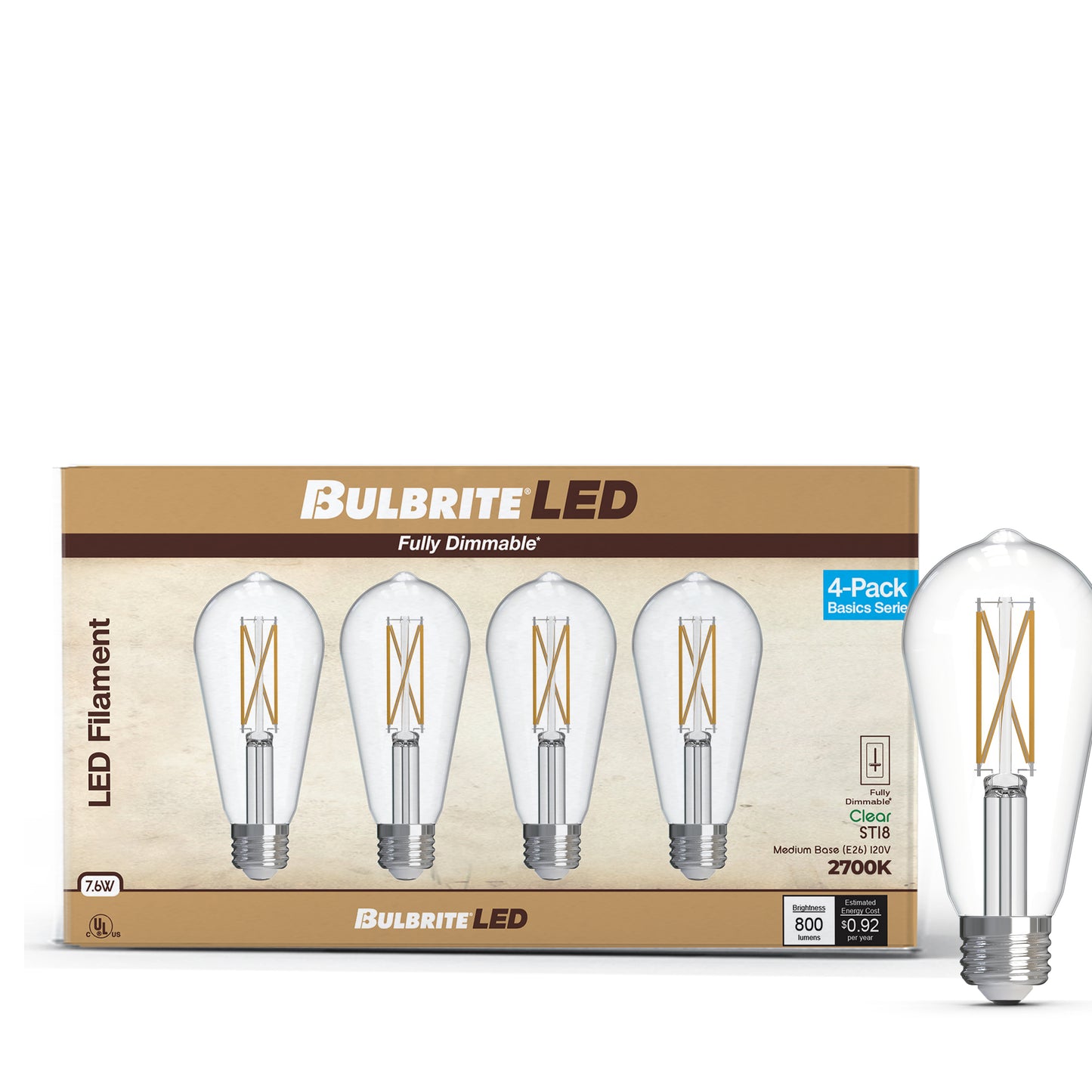 Bulbrite 776242 LED Filament Pack of 4, 7.6 Watt Dimmable ST18 Light Bulb with Clear Finish and Medium Screw E26 Base - 2700K(Warm White Light), 800 lumens