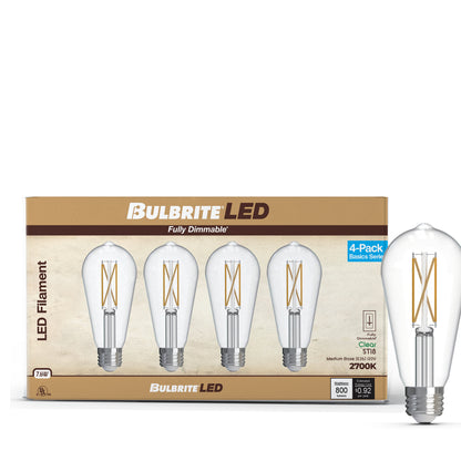 Bulbrite 776242 LED Filament Pack of 4, 7.6 Watt Dimmable ST18 Light Bulb with Clear Finish and Medium Screw E26 Base - 2700K(Warm White Light), 800 lumens
