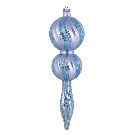 Vickerman 16.5" Periwinkle Candy Glitter Finial. Create a beautiful holiday arrangement with this large Candy finial that features glitter accents. Made with shatterproof plastic. Ornament has a drilled cap secured with green floral wire.