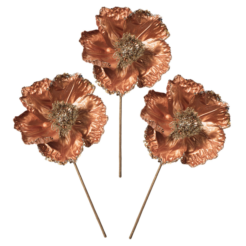 Vickerman 14" Mocha Pearl Glitter Poppy 8" Flower Head 3/Bag. This flower features eye-catching glitter accents that will take your decorating project to the next level. Includes 3 pieces per bag.