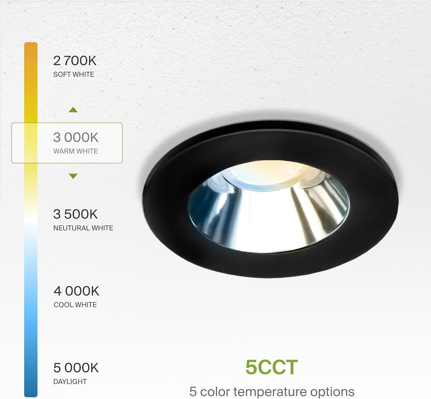 ASD Lighting LED Downlight 2INCH Changeable Round 15W CCT Selectable 2700/3000/3500/4000/5000K Dimmable, Chrome Smooth reflector, Black trim, ETL Energy Star