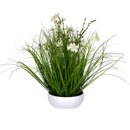Vickerman 16.5" Artificial Potted Cream Cosmos and Green Grass.