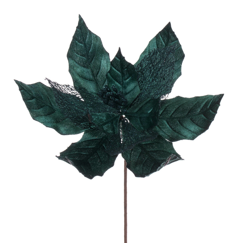 Vickerman 11" Sea Blue Velvet and Glitter Mesh Poinsettia Flower on Stem 6 per bag.