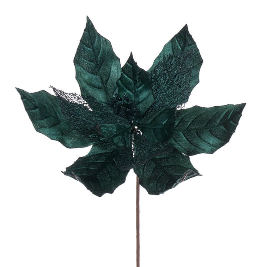 Vickerman 11" Sea Blue Velvet and Glitter Mesh Poinsettia Flower on Stem 6 per bag.