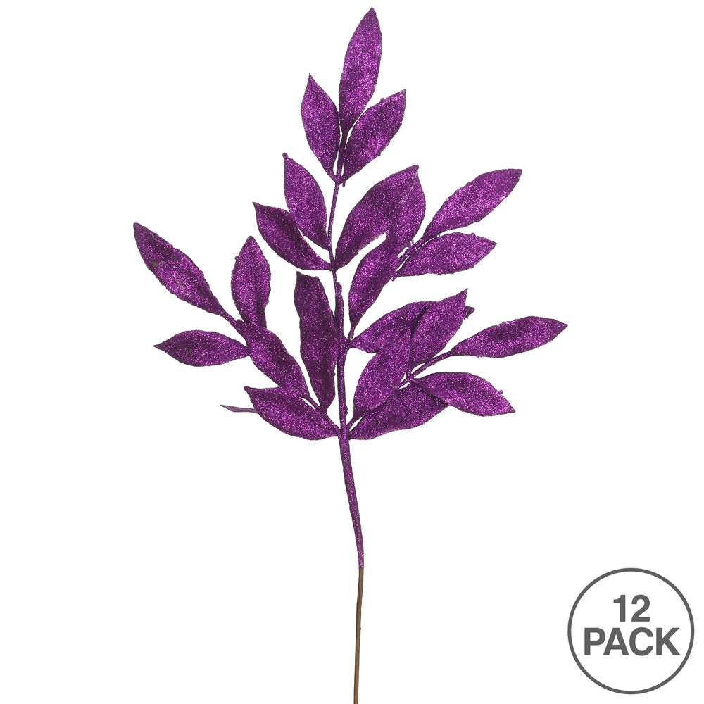 Vickerman 22" Purple Glitter BayLeaf Artificial Christmas Spray. Includes 12 sprays per pack.