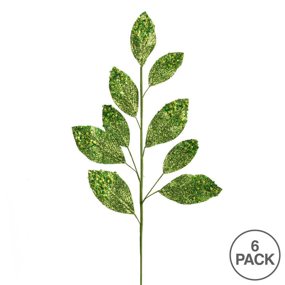 Vickerman 29" Lime Glitter Leaf Artificial Christmas Spray. Includes 6 sprays per pack.