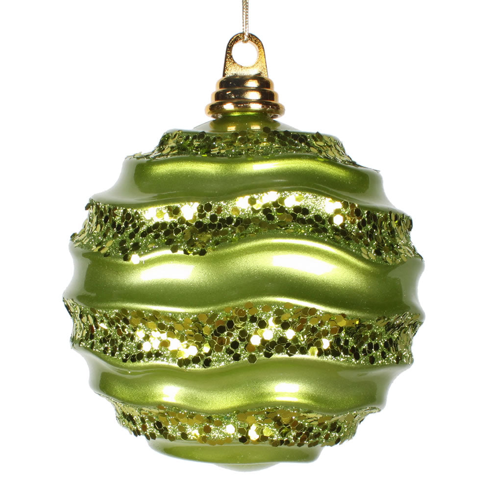 Vickerman 6" Lime Stripe Candy Finish Wave Ball Christmas Ornament with matching Glitter Accents