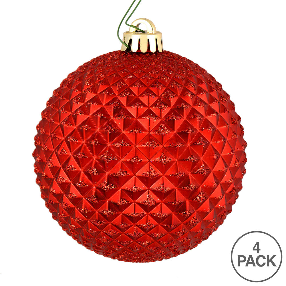 Vickerman 6" Red Durian Glitter Ball Ornament 4 per Bag