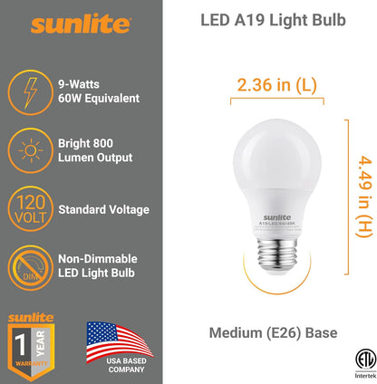 Sunlite A19 Standard LED Light Bulb, 9 Watts (60W Equivalent), 800 Lumens, Bulk 48 Pack, 120 Volts, Non-Dimmable, Medium E26 Base, RoHS, ETL Listed, 4000K Cool White