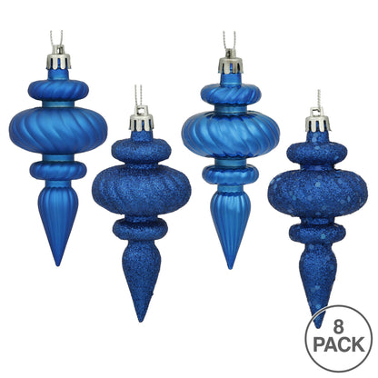 Vickerman 4" Blue 4-Finish Finial Ornament 8 per Box