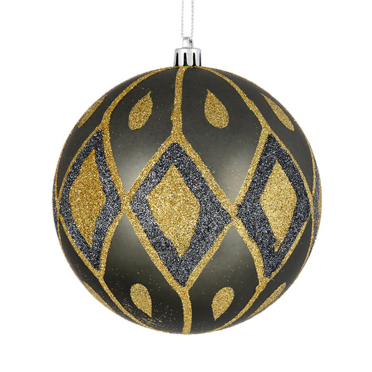 Vickerman 4" Pewter Matte Ball with Glitter Diamond Pattern. Add variety and sparkle to your holiday arrangement with this matte ornament that features a glitter pattern. Includes 4 pieces per bag. Made with shatterproof plastic. Ornament has a drilled ca