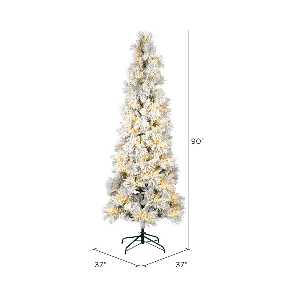 Vickerman 7.5' x 37" Flocked Atka Pencil Artificial Christmas tree Warm White LED Lights.