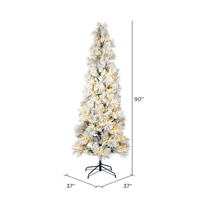 Vickerman 7.5' x 37" Flocked Atka Pencil Artificial Christmas tree Warm White LED Lights.