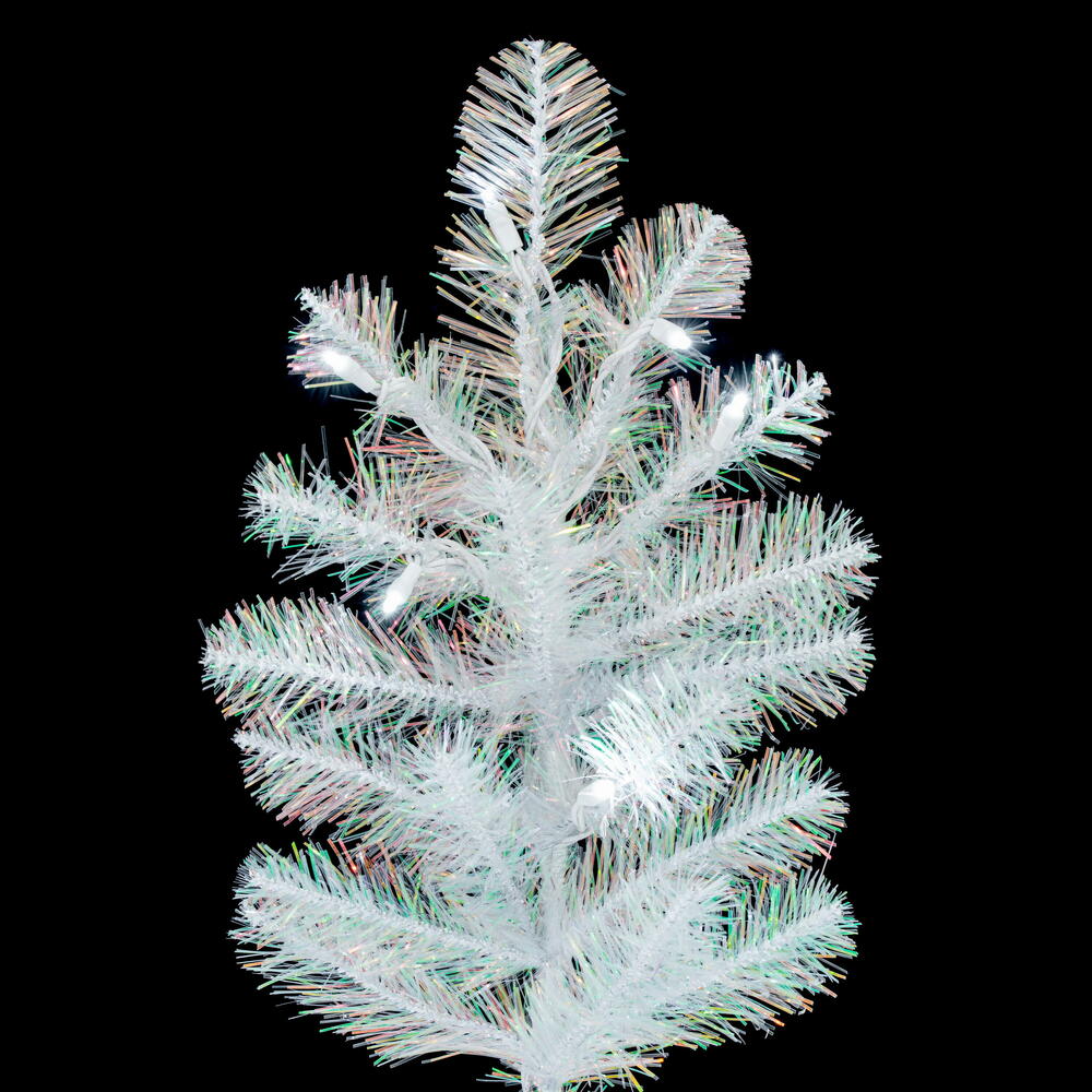 Vickerman 7.5' x 54" White Iridescent Spruce Artificial Pre-Lit Christmas Tree with Folding Metal Stand.