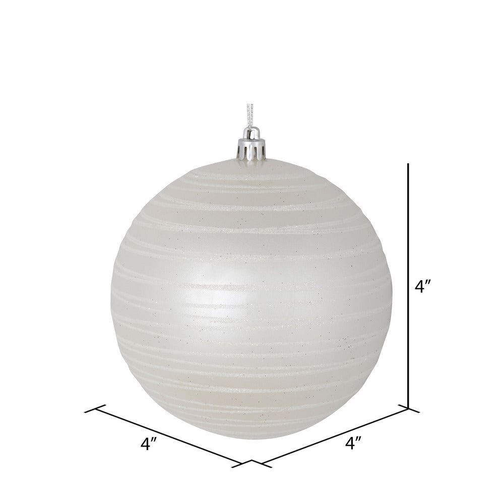 Vickerman 4" White Candy Finish Ball Ornament with Glitter Lines 4 per Bag