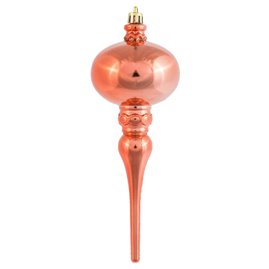 8" x 2.75" Coral Shiny Finial Ornament with drilled and wired caps. Comes 3/bag.