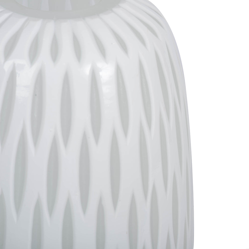 Vickerman 13" White Frosted Glass Vase. This lightly frosted vase is accented with a white diamond pattern. Pair this vase with your favorite faux floral for the perfect finishing touch. Each vase is slightly unique because each piece is hand blown. This