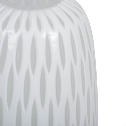Vickerman 13" White Frosted Glass Vase. This lightly frosted vase is accented with a white diamond pattern. Pair this vase with your favorite faux floral for the perfect finishing touch. Each vase is slightly unique because each piece is hand blown. This