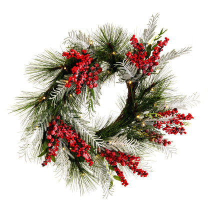 Vickerman 24" Frosted Artificial Christmas Wreath with Red Berries Frosted Foliage and Battery Operated Lights.
